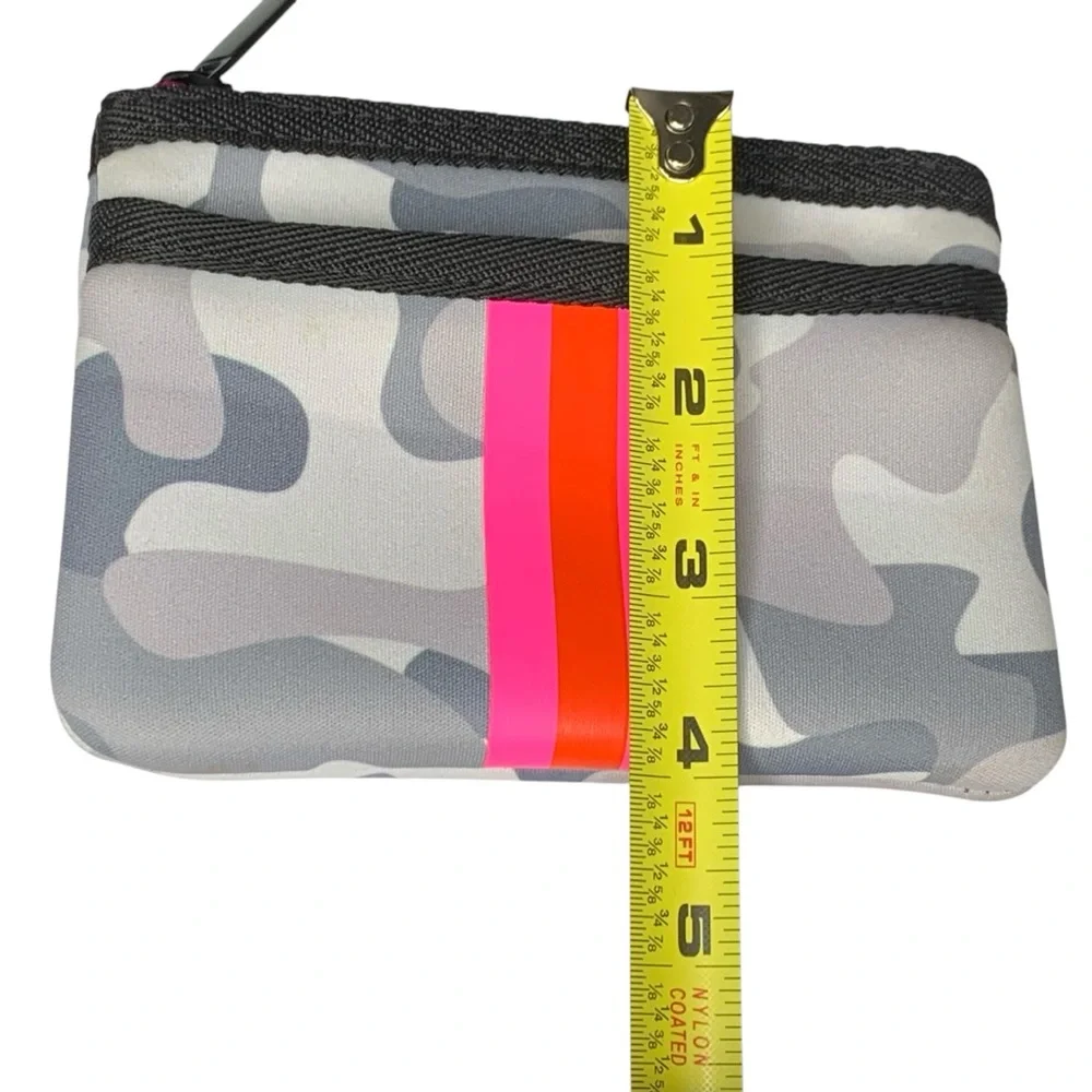 Haute Shore neoprene card keychain‎ case in gray camo and neon pink.